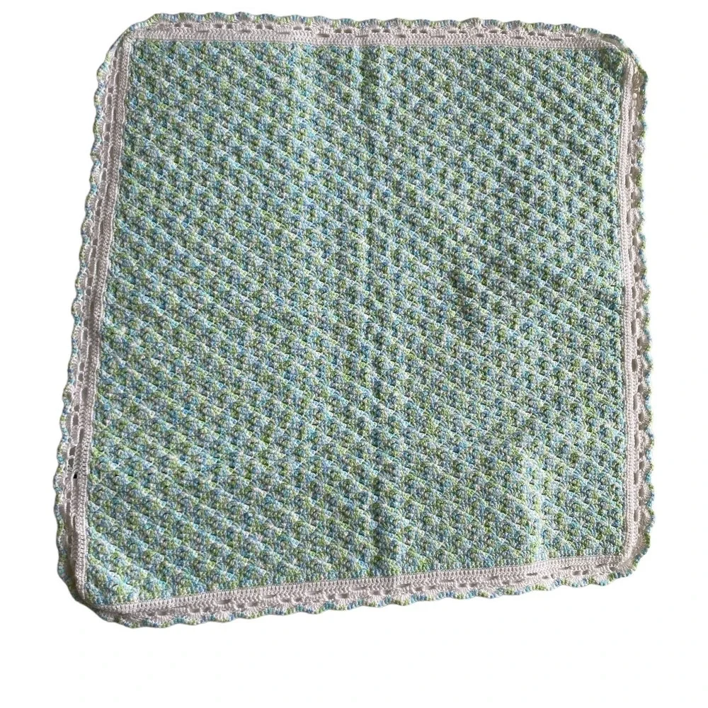 Handmade Knit or Crocheted Baby Blanket Pastel Colors Scalloped Edge